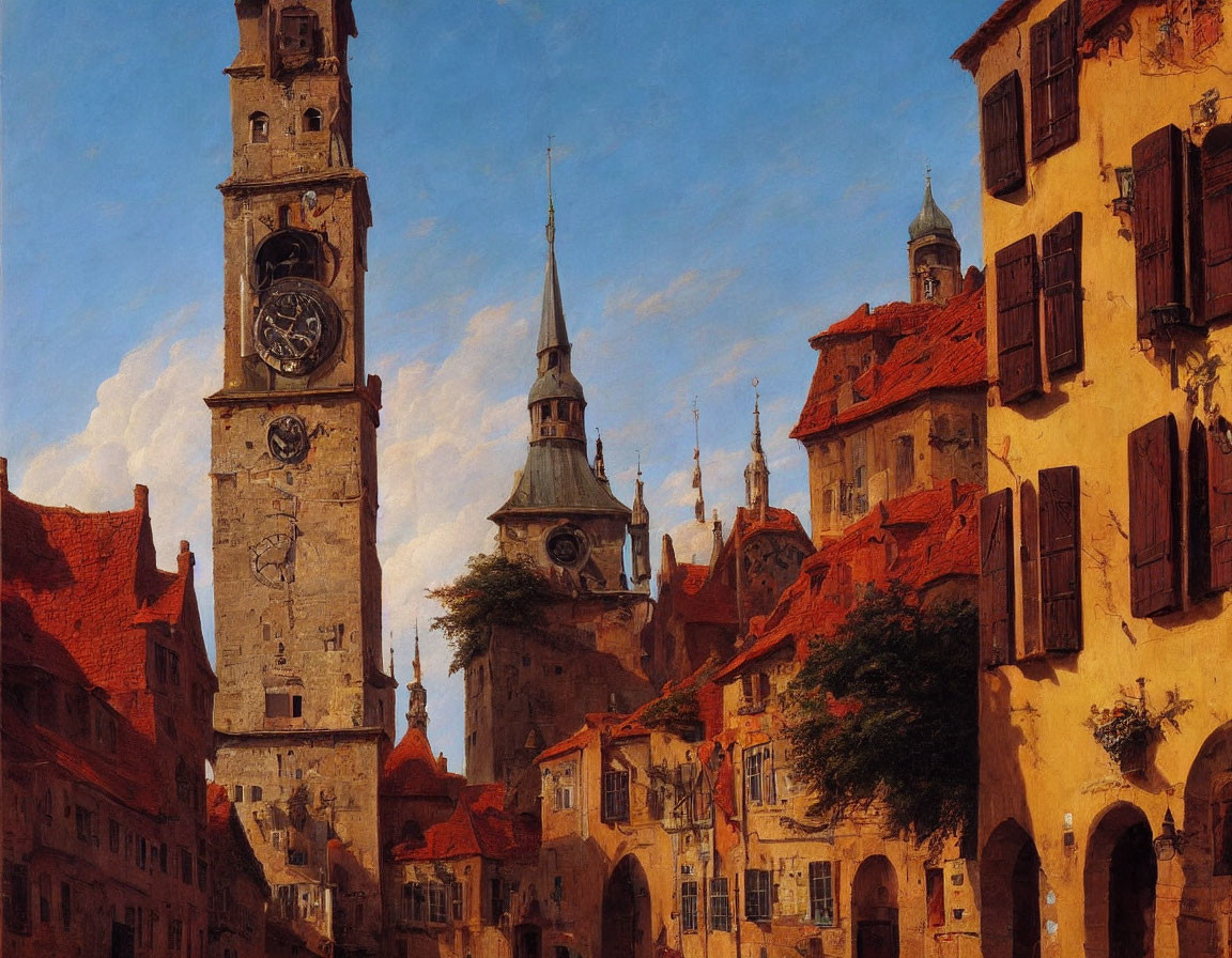 European Medieval Town Painting with Clock Tower and Rustic Buildings