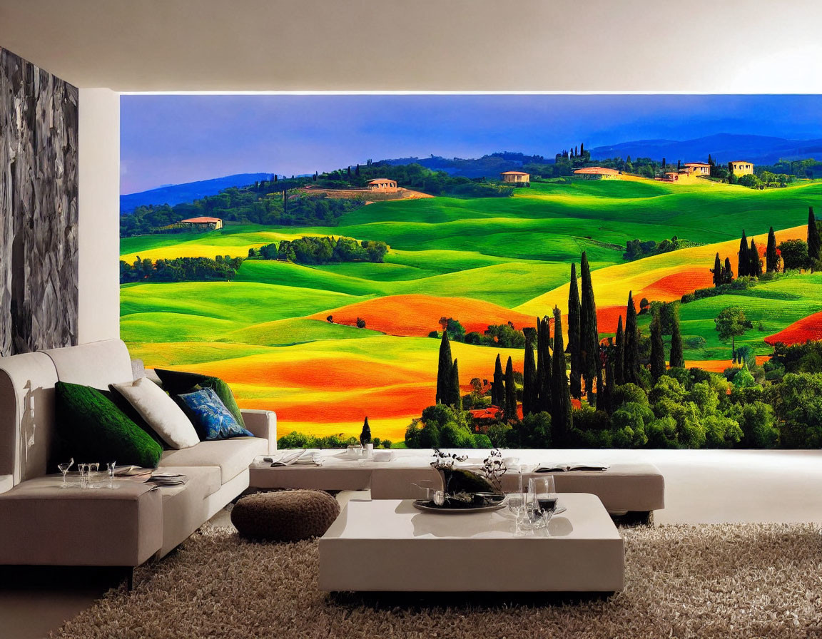 Colorful Tuscan Landscape Wall Mural in Modern Living Room