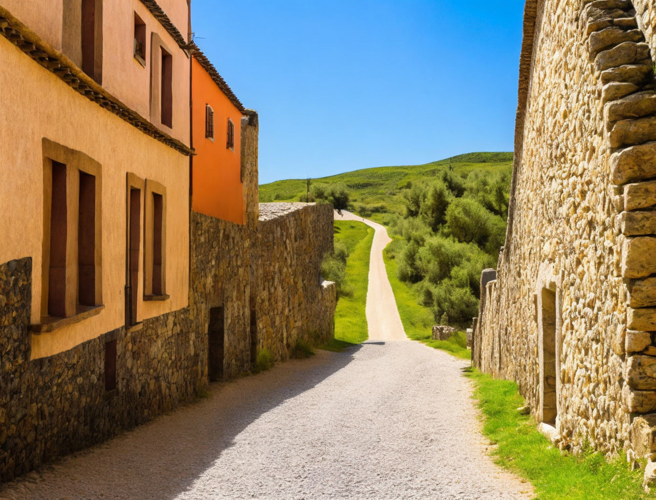 Sunny Day Path with Stone Wall and Orange Buildings in Green Hills