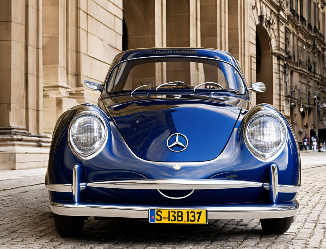 Vintage Blue Mercedes-Benz Parked on Cobbled Street with Classic Architecture