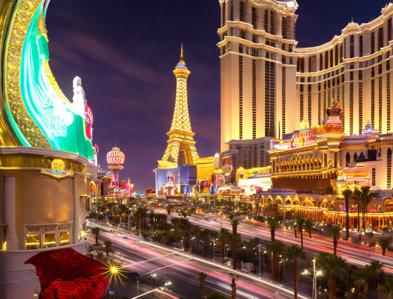 Vibrant Las Vegas Night Scene with Casinos and Eiffel Tower