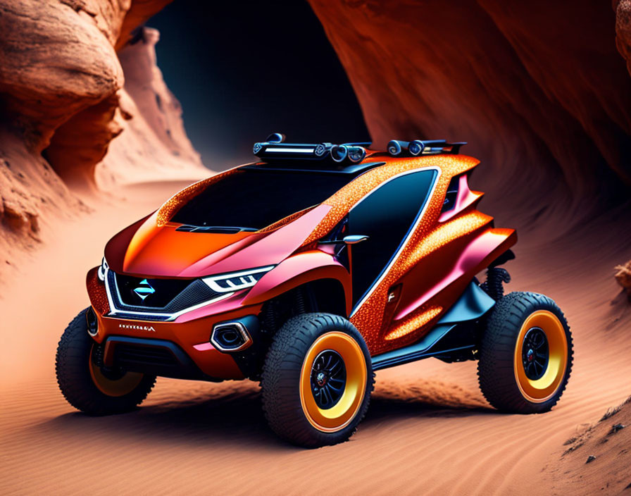 Futuristic orange and black all-terrain vehicle in desert canyon