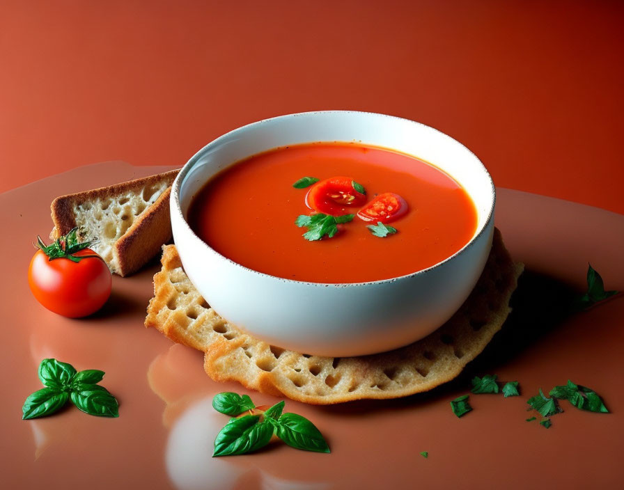Creamy Tomato Soup with Herbs, Crusty Bread, Tomato, and Basil on Warm Background