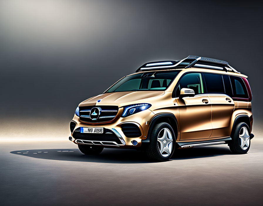 Luxurious Golden Mercedes-Benz SUV with Modern Headlamps and Dramatic Lighting