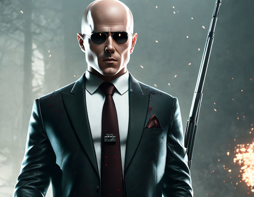 Bald man in suit with red tie holding sniper rifle in forest scene with explosion.