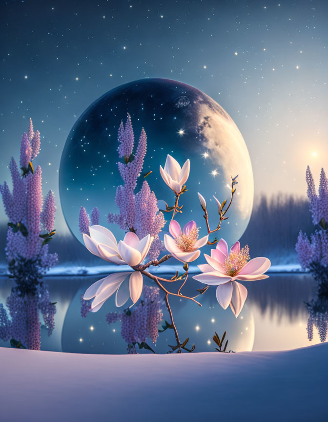 Tranquil Moonlit Lake with Flowers and Snowy Banks