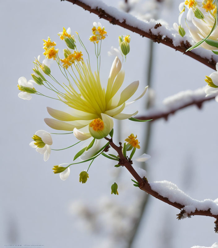 Yellow and White Flower Blooming on Snow-Dusted Branch
