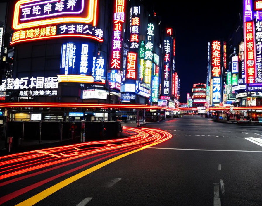 Vibrant Asian city street at night with neon lights and traffic trails