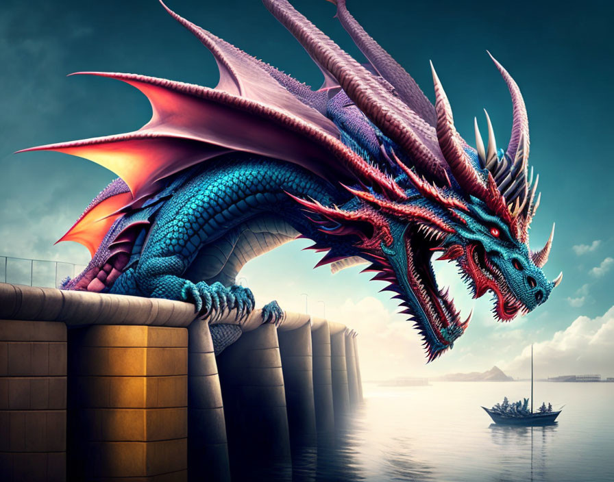 Colorful Dragon Perched on Stone Wall by the Sea