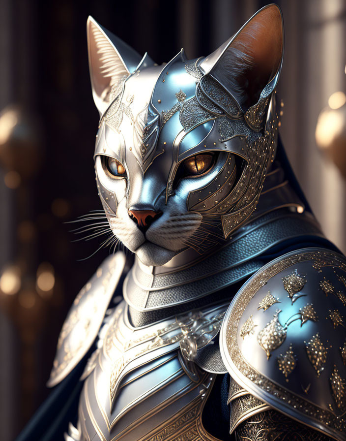 Digital Artwork: Cat in Knight Armor with Golden Spheres