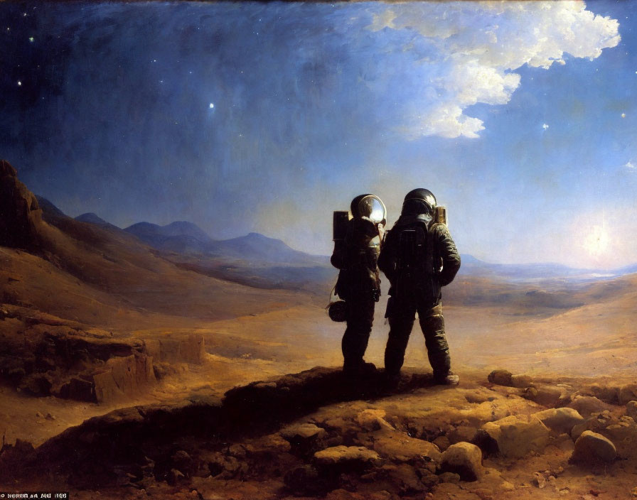 Astronauts in spacesuits on rocky terrain under dusky sky