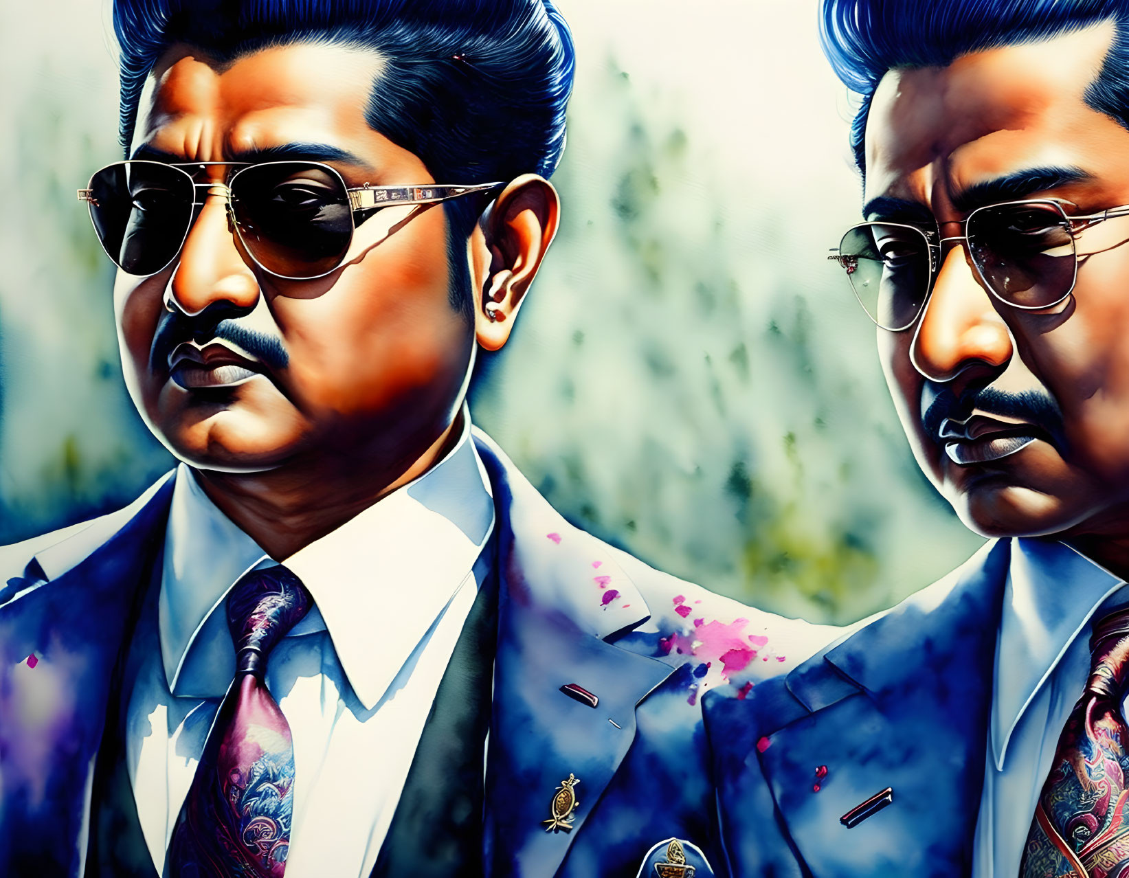 Men with Vintage Hairstyles in Suits and Sunglasses Against Colorful Floral Background