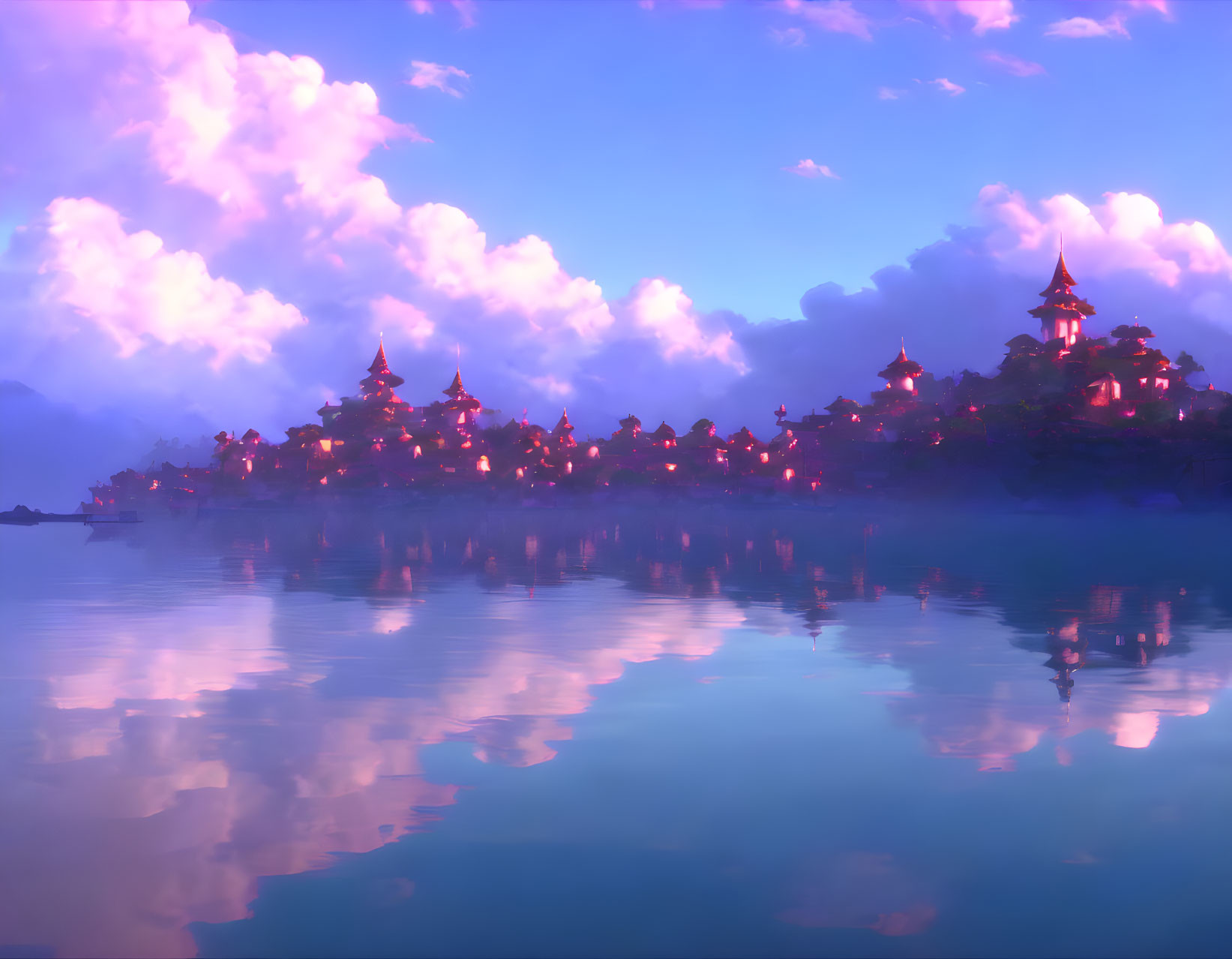 Tranquil fantasy landscape with pagoda-style buildings, warm lights, and pastel sky
