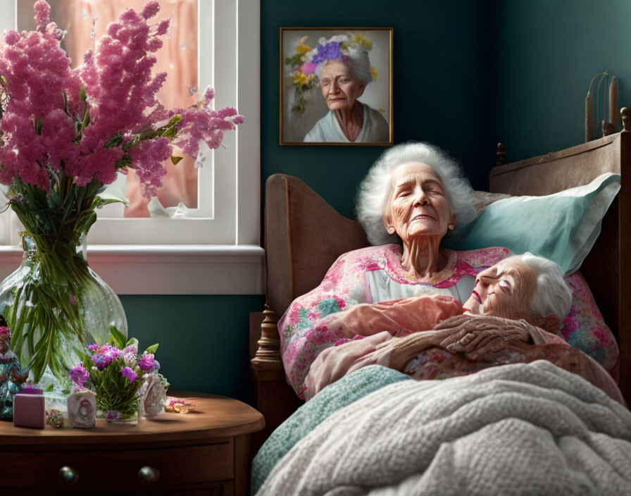 Elderly woman with doll, portrait, and pink flowers in bed