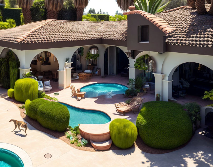 Kidney-shaped pool, sun loungers, Spanish-style villa & lush greenery in luxurious backyard