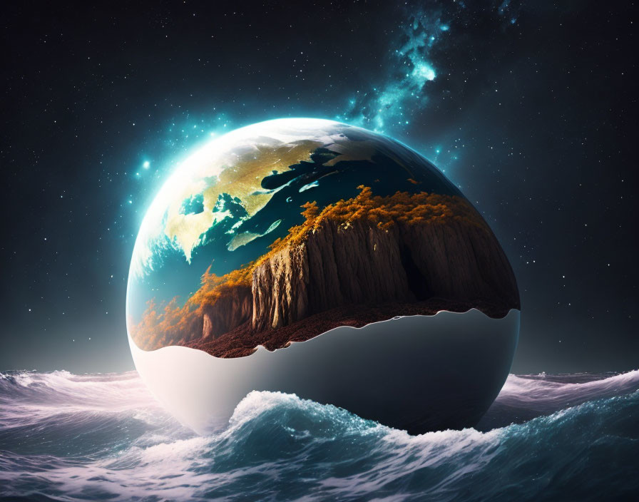 Surreal Earth orb above ocean waves under starry night sky