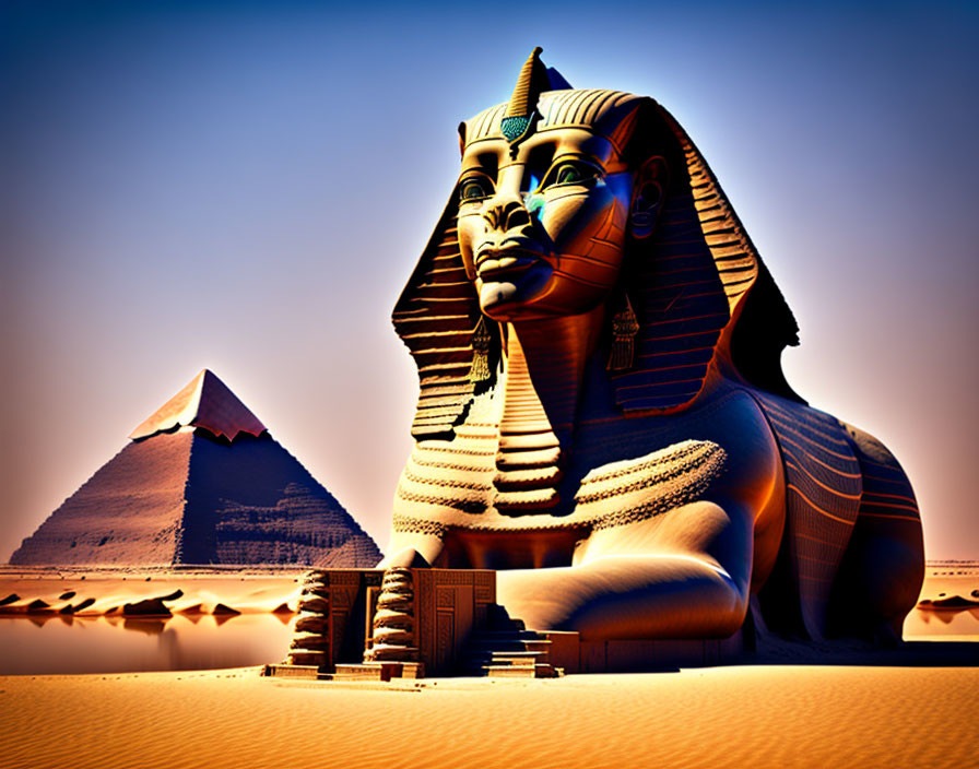 Great Sphinx and Pyramid of Khafre in Golden Desert Skyline