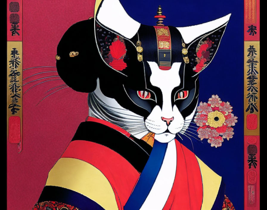 Stylized cat in Japanese attire on red and purple floral background
