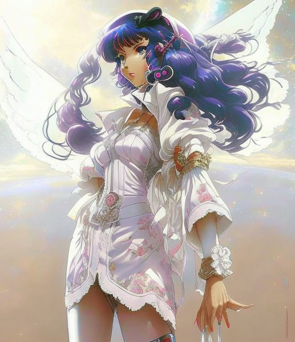 Stylized female anime character with long purple hair in white and pink outfit under glowing sky