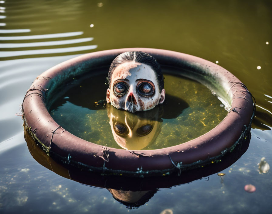 Skull-painted face emerges from dark water with car tire - haunting and surreal