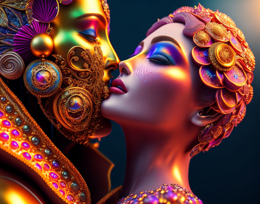 Colorful digital art: Ornate figures in close embrace