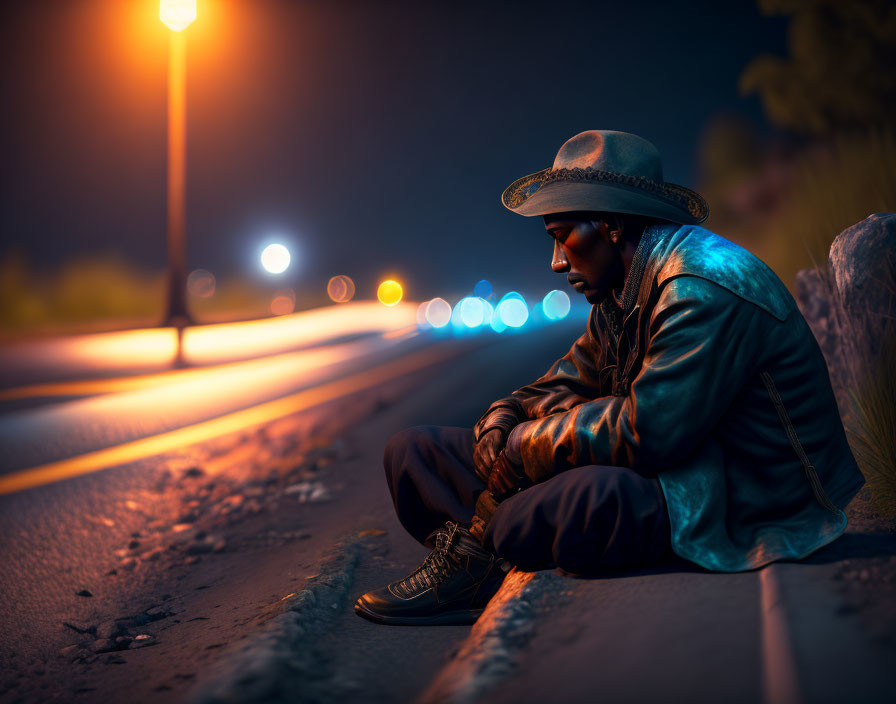 Person in leather jacket and hat sitting on curb at night under street lights.