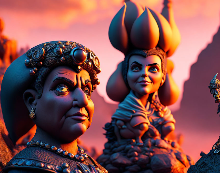Ornate headgear on animated characters in desert setting