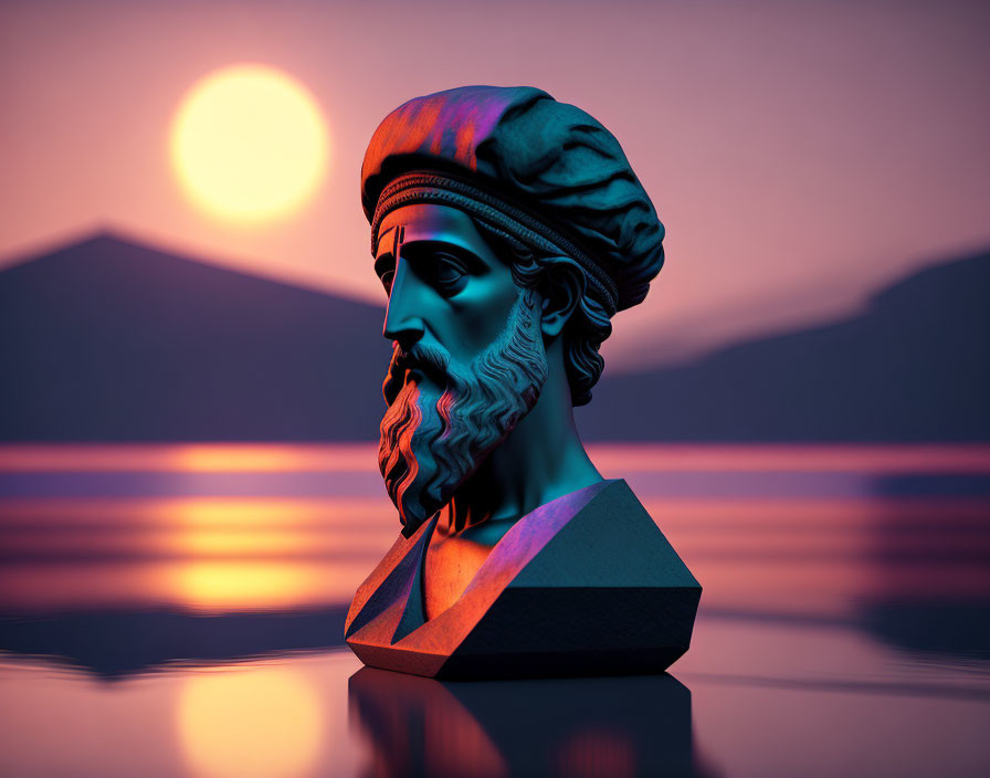 Colorful digital art: classical bust with head wrap against sunset, mountains, water reflections