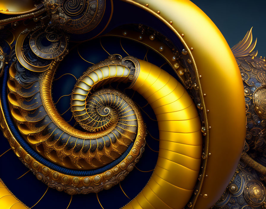Intricate 3D Fractal Art: Golden Spiral on Dark Background