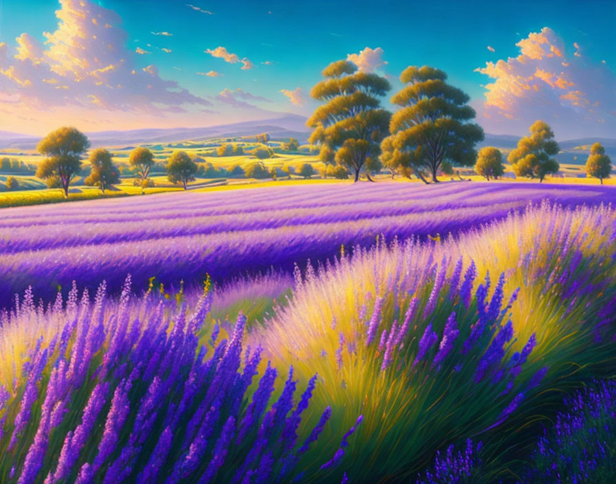 Lavender field and trees under colorful sunset sky