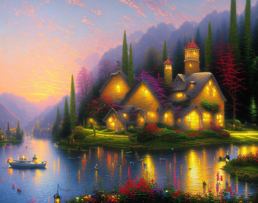 Peaceful river cottages at dusk with vibrant flowers, boat, and sunset sky