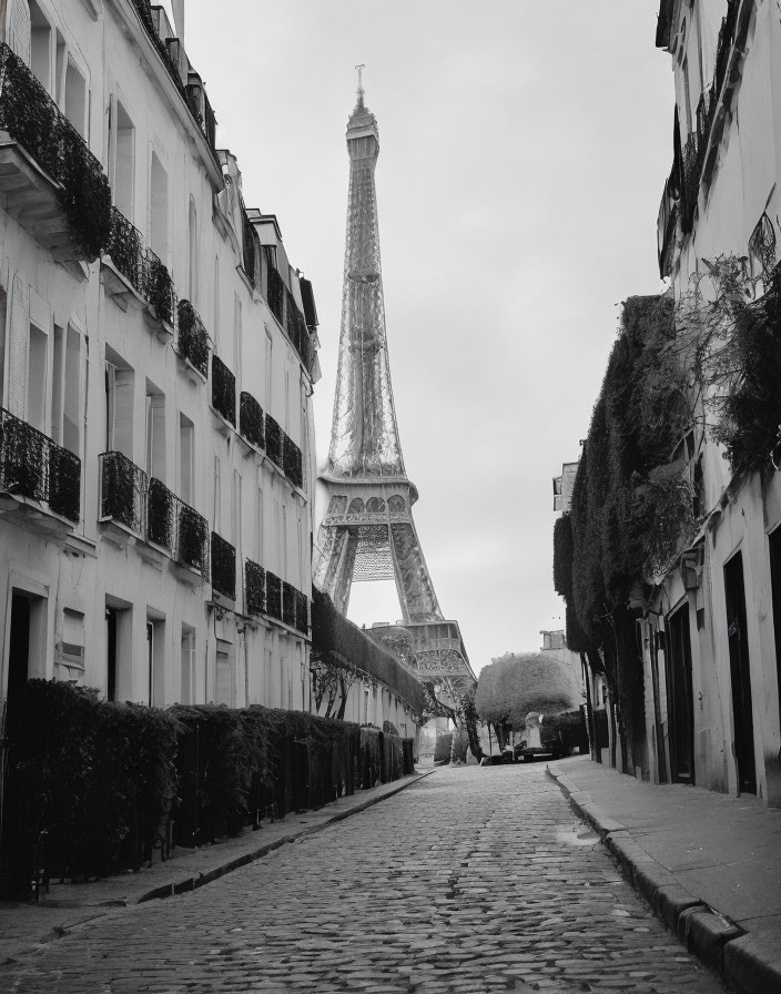 Monochrome image of narrow street towards Eiffel Tower