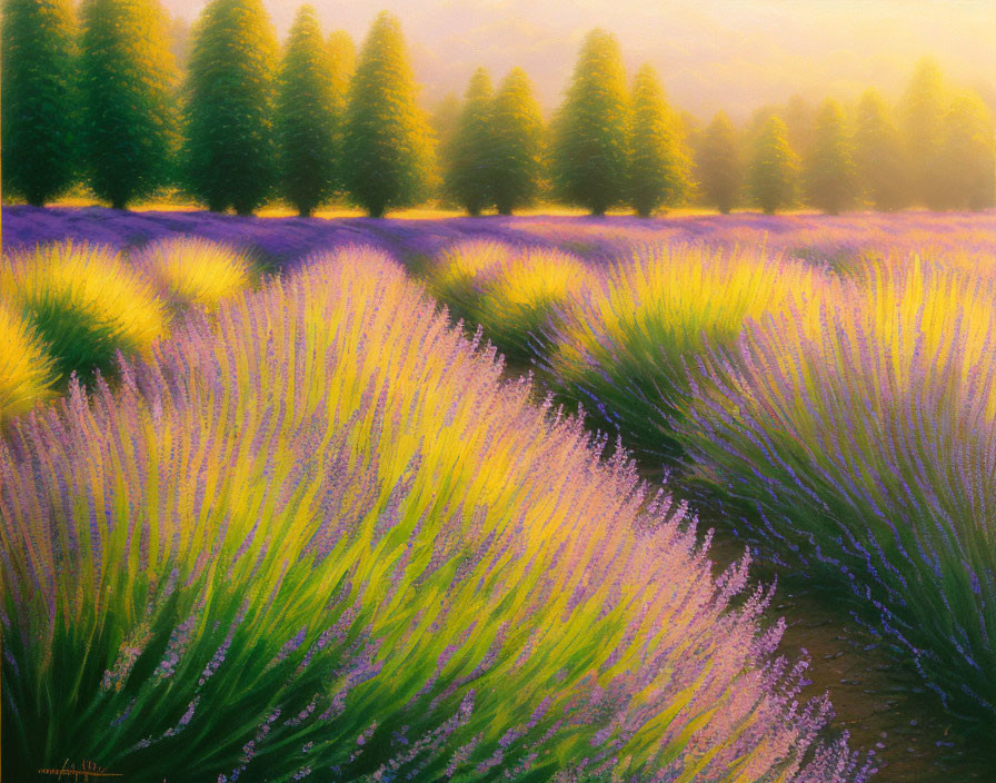 Lavender Field Painting with Purple Blooms and Green Trees