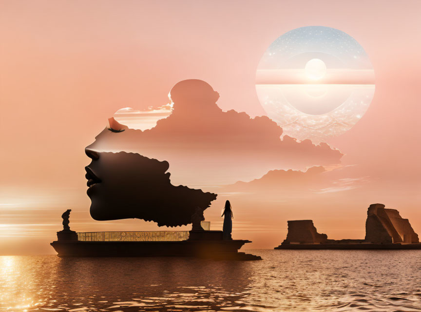 Surreal seascape with woman silhouette island, giant moon, clouds, historical ruins in orange sunset