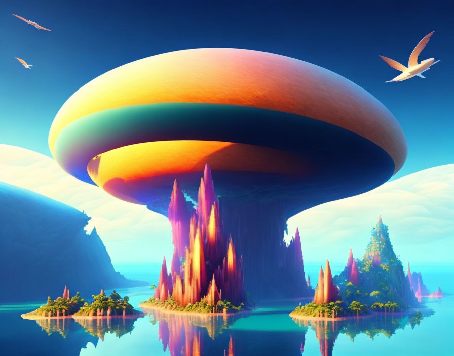 Vibrant fantasy landscape with mushroom structure, crystal mountains, water, sky, birds