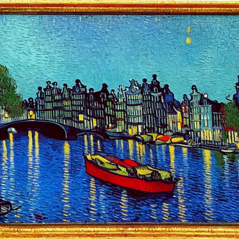 Night scene painting with starry sky, illuminated buildings, bridge, and red boat on canal