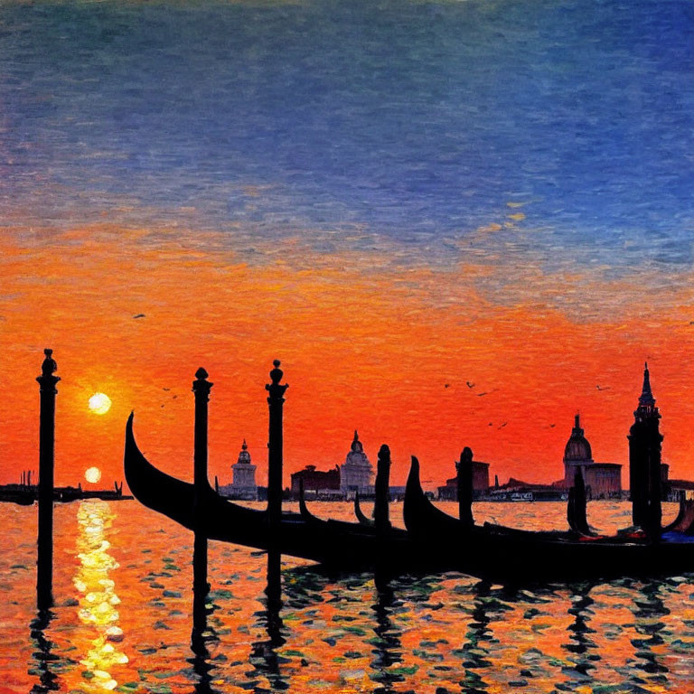 Scenic painting of gondolas at sunset in Venice