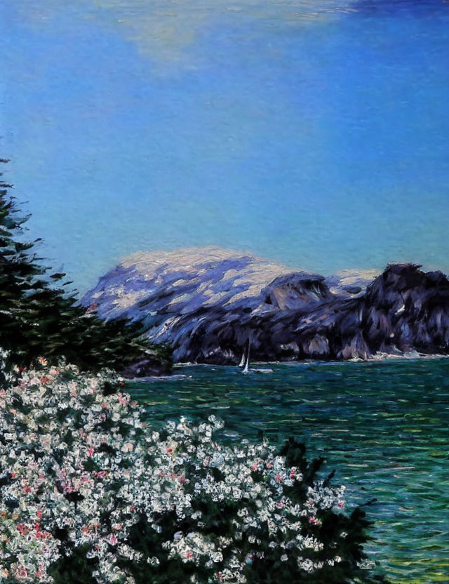 Scenic painting of serene lake, snowy mountains, clear sky, and blooming bushes