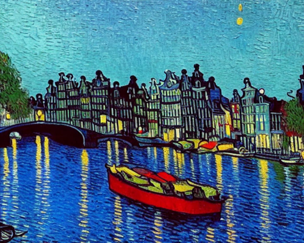 Night scene painting with starry sky, illuminated buildings, bridge, and red boat on canal