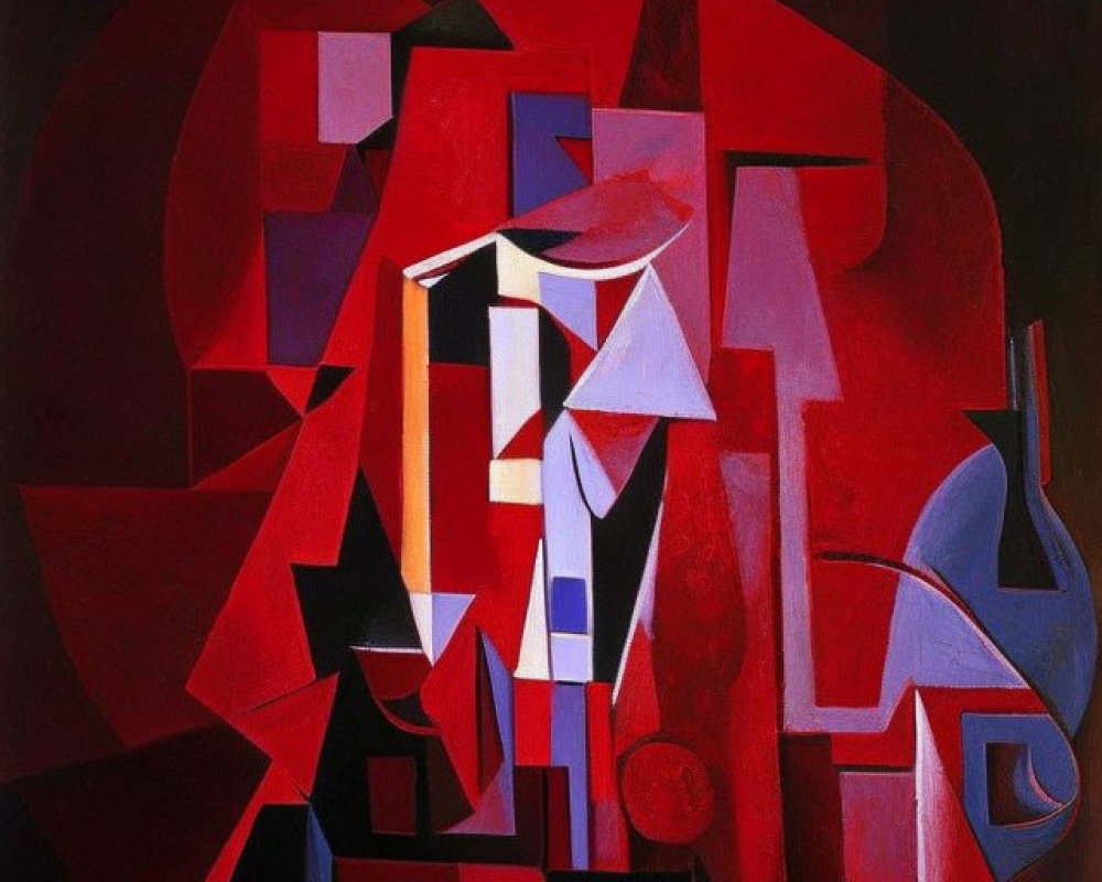 Abstract Cubist Painting in Red, Blue, and White Geometric Shapes