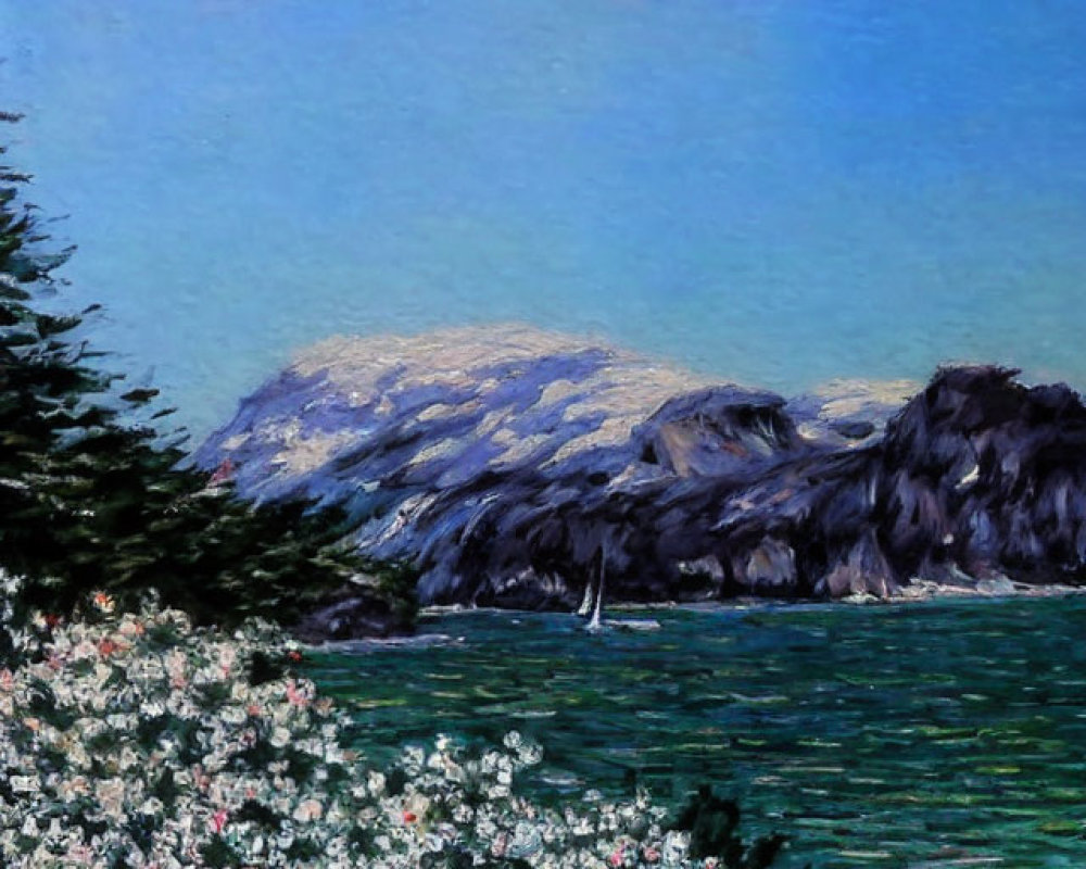 Scenic painting of serene lake, snowy mountains, clear sky, and blooming bushes