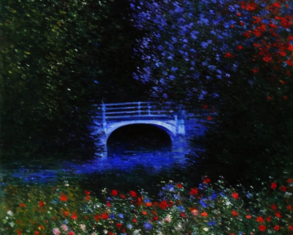 Nighttime garden painting with bridge over pond, red and blue flowers, lush green foliage, dark blue