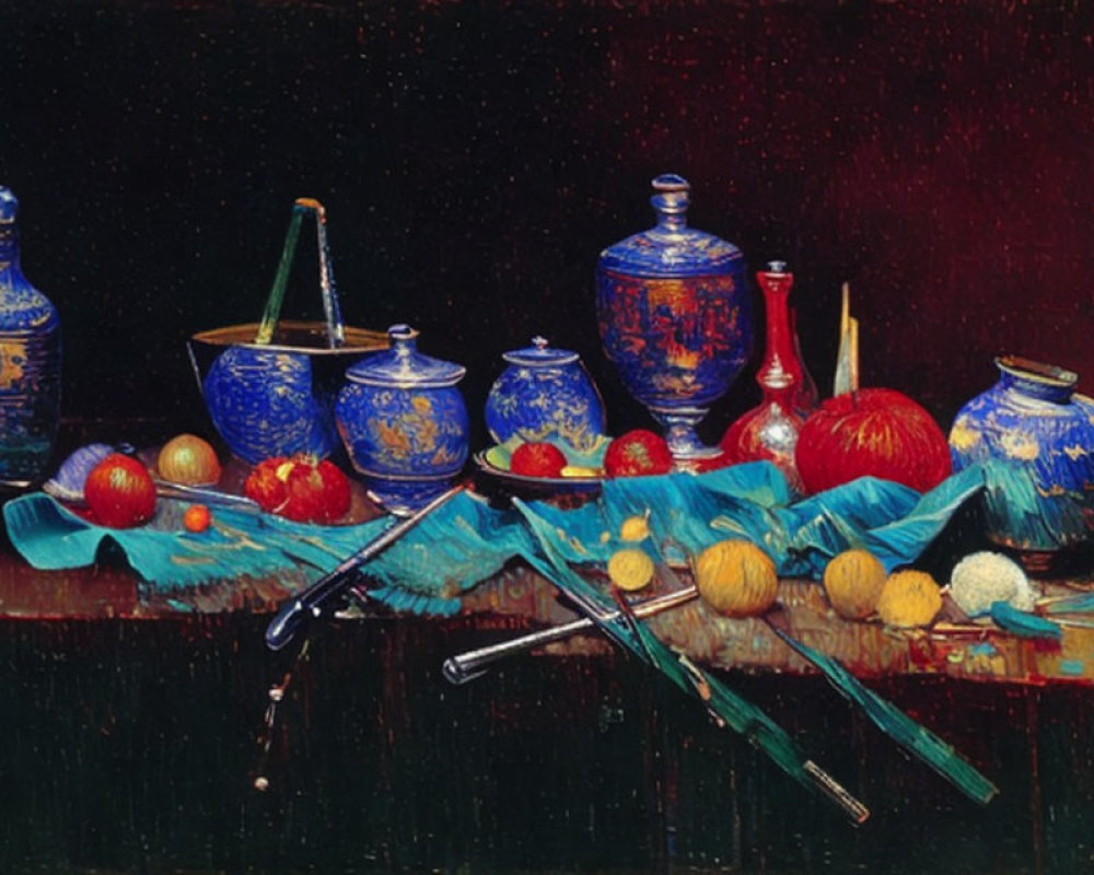 Ornate Blue and White Vases, Red Apples, White Flowers Still Life Painting