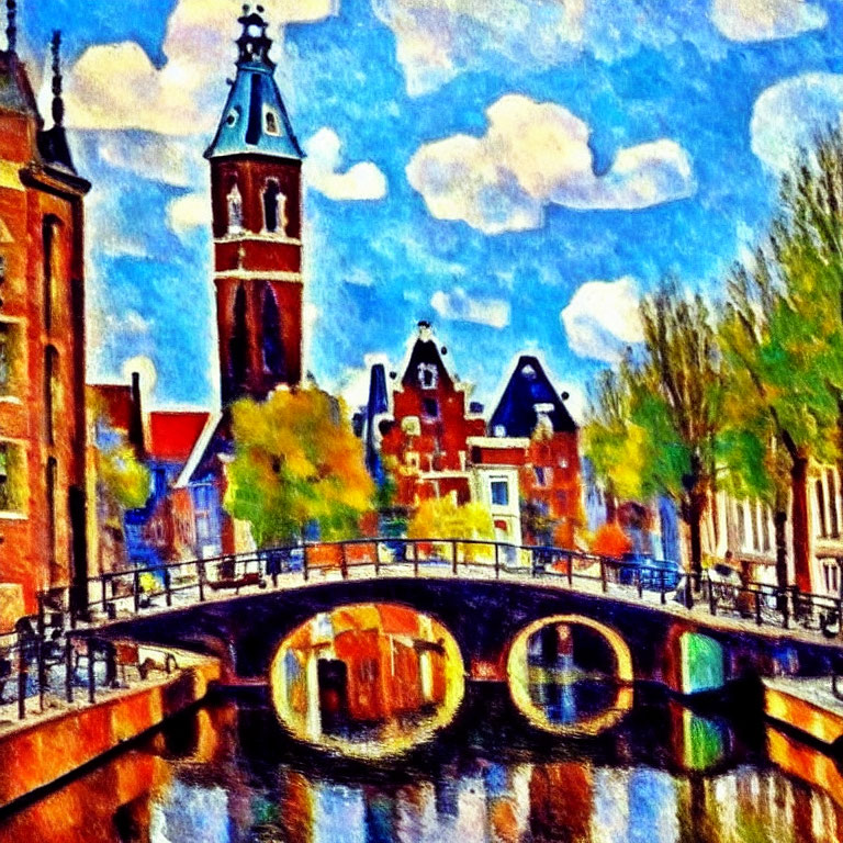 European Cityscape Painting: Vibrant Impressionist Style, Canal, Bridge, Historic Buildings