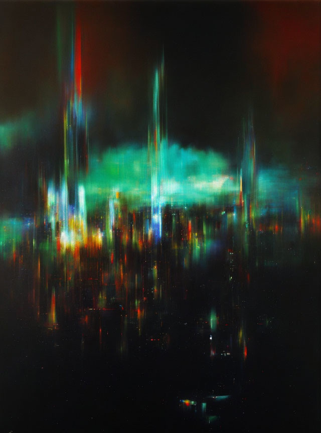 Vibrant abstract city skyline at night with blurred reflections in water