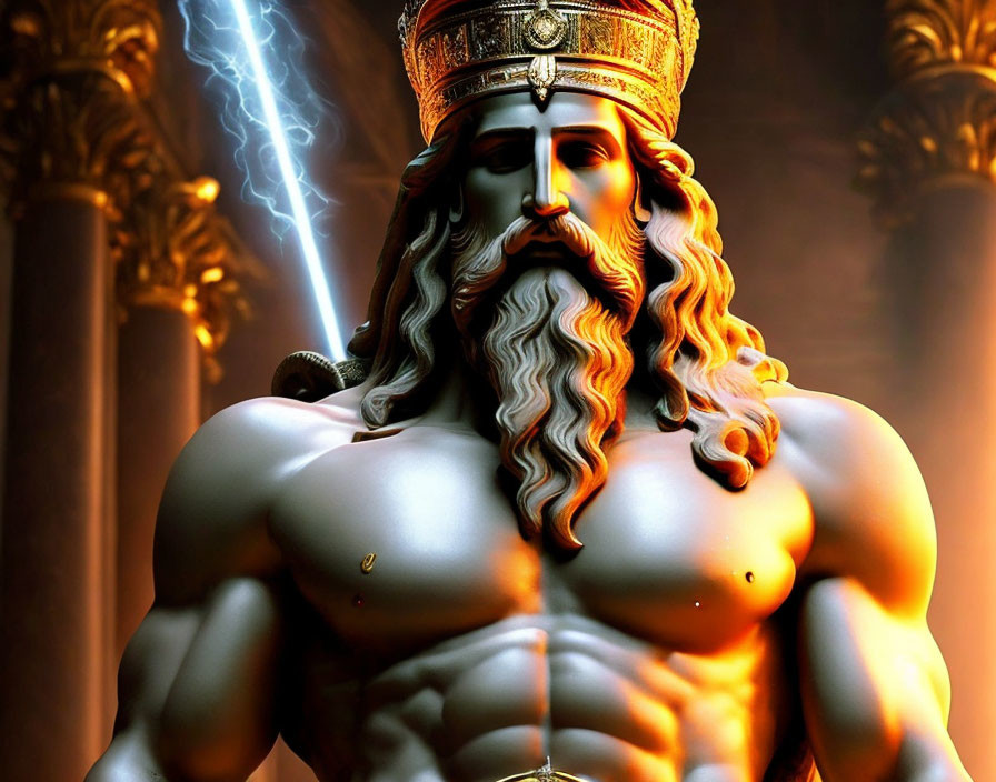 Muscular, bearded figure with crown holding lightning bolt portrayal.