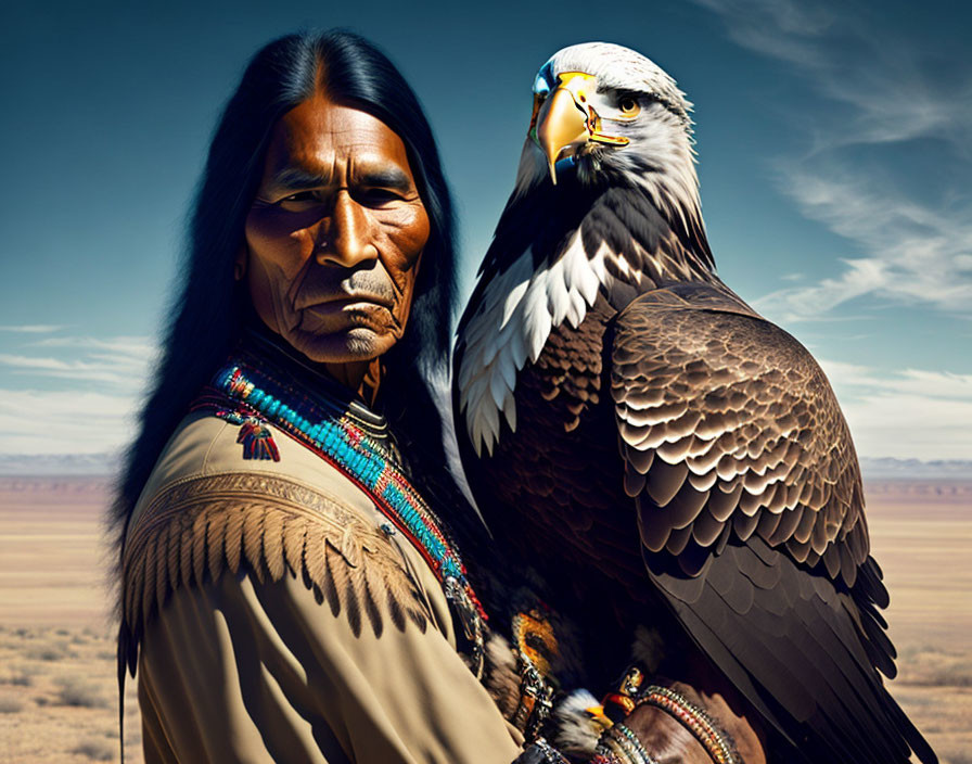 Indigenous person in traditional attire with majestic eagle in desert landscape