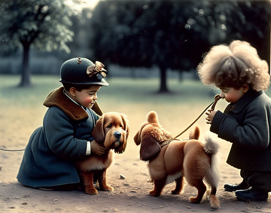 Vintage Clothing Children with Dog on Leash and Trumpet