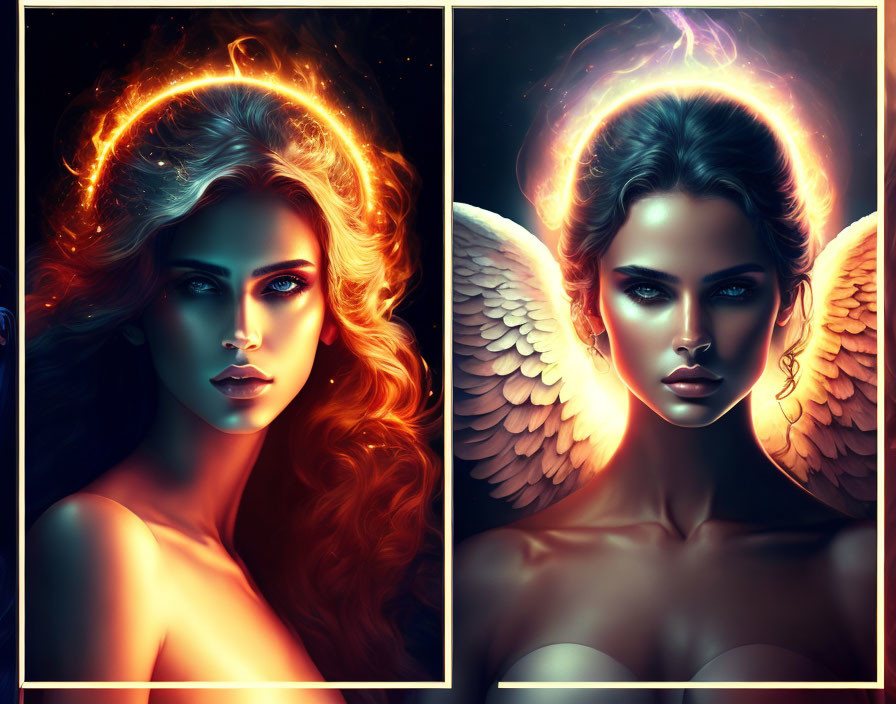Artistic images of a woman with angel wings and halos in warm orange and cool blue tones