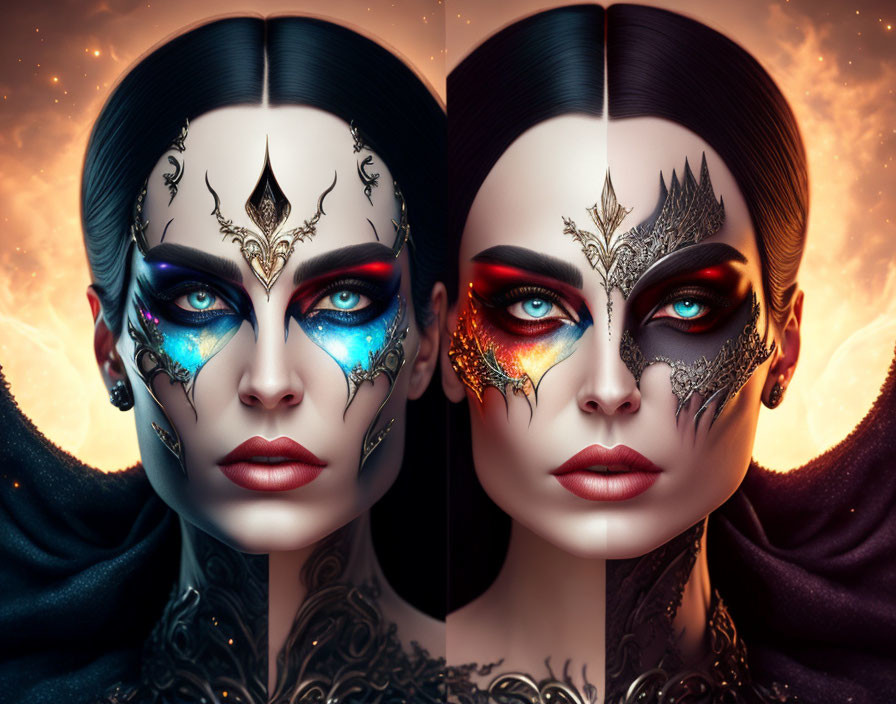 Symmetrical woman with fantasy makeup in blue and red hues and mystical eye designs